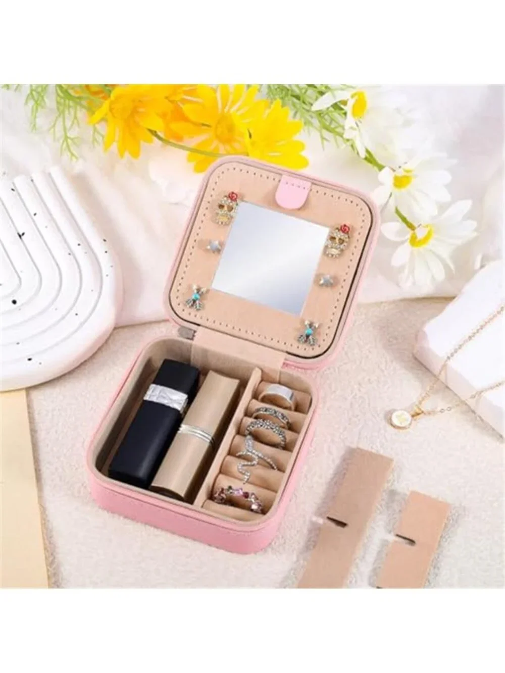 Initial Travel Jewelry Box Organizer Mirror Case PU Leather Storage Pink